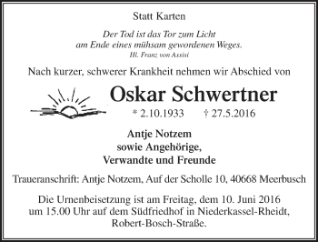 Anzeige von Oskar Schwertner von  Extra Blatt 