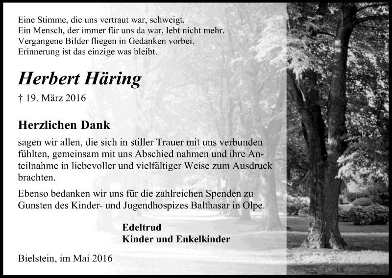  Traueranzeige für Herbert Häring vom 07.05.2016 aus Kölner Stadt-Anzeiger / Kölnische Rundschau / Express