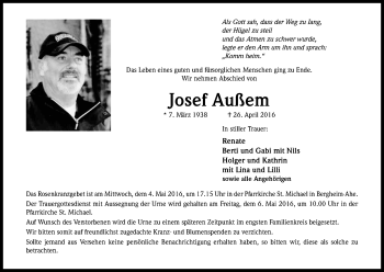 Anzeige von Josef Außem von Kölner Stadt-Anzeiger / Kölnische Rundschau / Express
