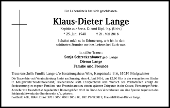 Anzeige von Klaus-Dieter Lange von Kölner Stadt-Anzeiger / Kölnische Rundschau / Express