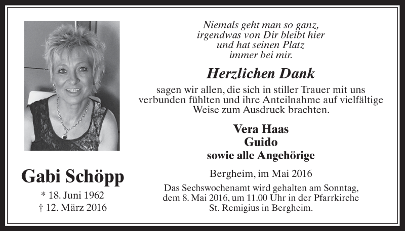  Traueranzeige für Gabi Schöpp vom 04.05.2016 aus  Werbepost 