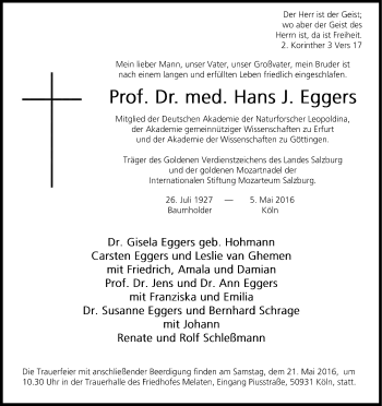 Anzeige von Hans J. Eggers von Kölner Stadt-Anzeiger / Kölnische Rundschau / Express
