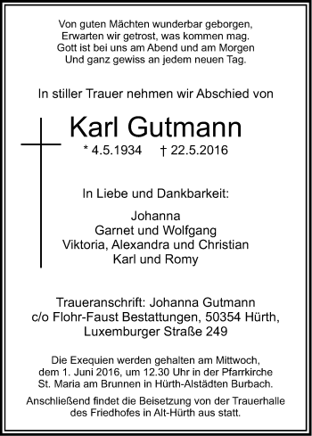 Anzeige von Karl Gutmann von Kölner Stadt-Anzeiger / Kölnische Rundschau / Express