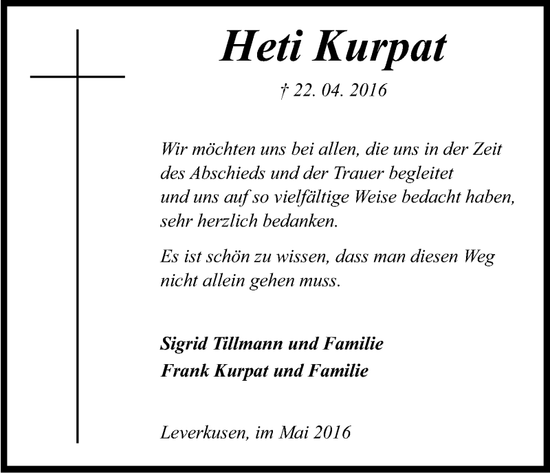  Traueranzeige für Heti Kurpat vom 21.05.2016 aus Kölner Stadt-Anzeiger / Kölnische Rundschau / Express