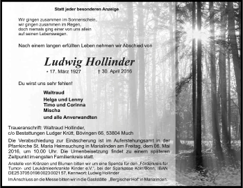 Anzeige von Ludwig Hollinder von Kölner Stadt-Anzeiger / Kölnische Rundschau / Express