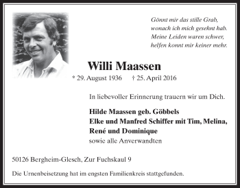 Anzeige von Willi Maassen von  Werbepost 