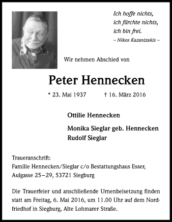 Anzeige von Peter Hennecken von Kölner Stadt-Anzeiger / Kölnische Rundschau / Express