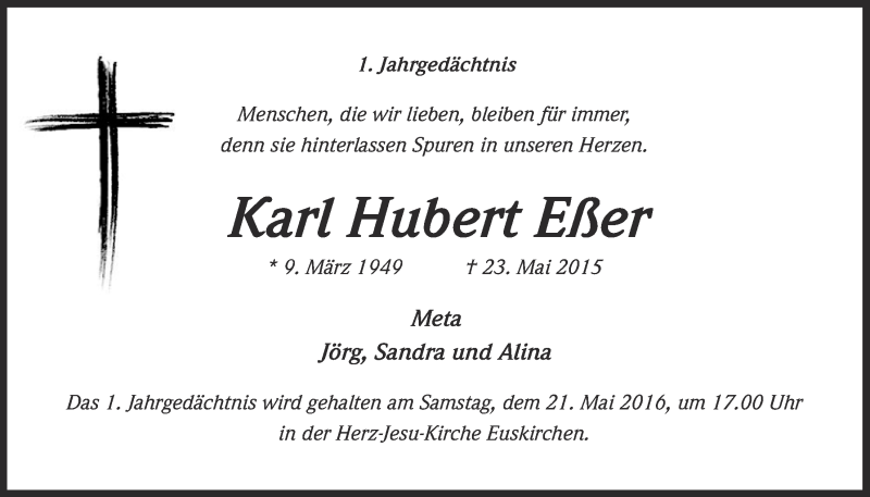  Traueranzeige für Karl Hubert Eßer vom 14.05.2016 aus  Blickpunkt Euskirchen 
