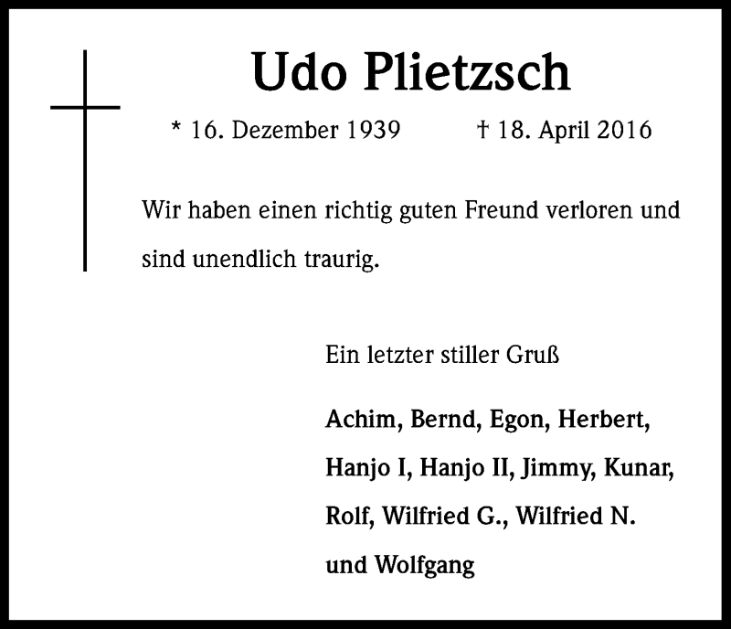  Traueranzeige für Udo Plietzsch vom 30.04.2016 aus Kölner Stadt-Anzeiger / Kölnische Rundschau / Express