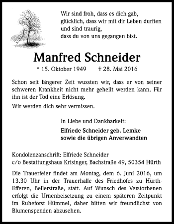 Anzeige von Manfred Schneider von Kölner Stadt-Anzeiger / Kölnische Rundschau / Express