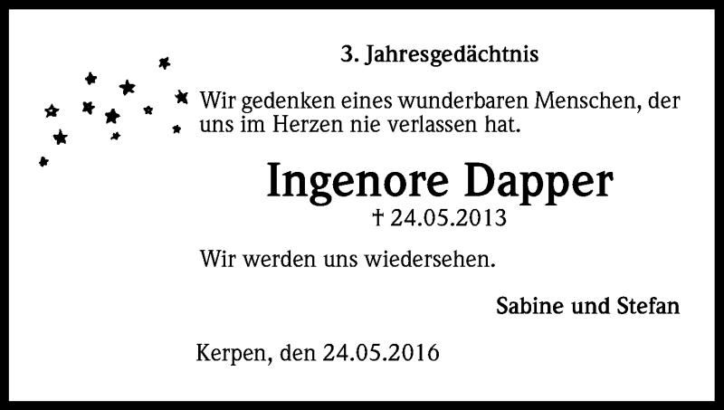  Traueranzeige für Ingenore Dapper vom 24.05.2016 aus Kölner Stadt-Anzeiger / Kölnische Rundschau / Express