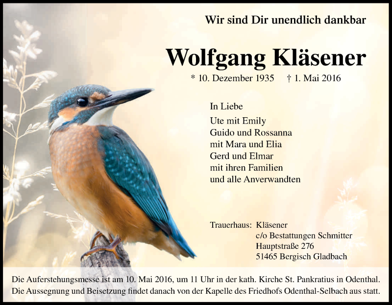 Traueranzeige für Wolfgang Kläsener vom 07.05.2016 aus Kölner Stadt-Anzeiger / Kölnische Rundschau / Express