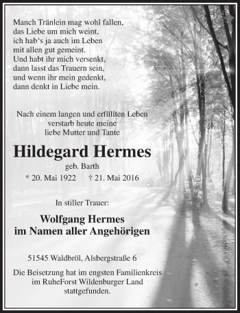 Anzeige von Hildegard Hermes von  Lokalanzeiger 