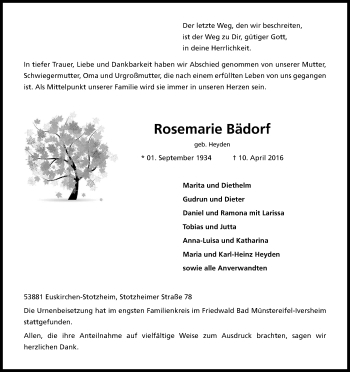 Anzeige von Rosemarie Bädorf von Kölner Stadt-Anzeiger / Kölnische Rundschau / Express