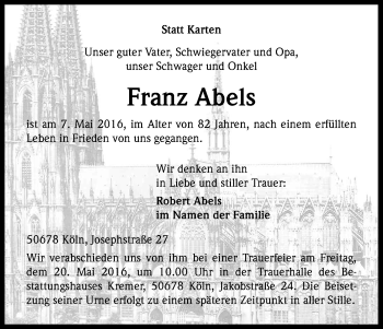 Anzeige von Franz Abels von Kölner Stadt-Anzeiger / Kölnische Rundschau / Express