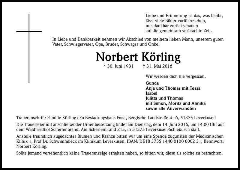  Traueranzeige für Norbert Körling vom 08.06.2016 aus Kölner Stadt-Anzeiger / Kölnische Rundschau / Express