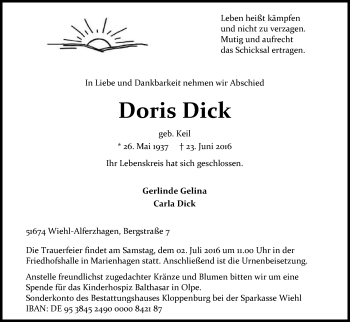 Anzeige von Doris Dick von Kölner Stadt-Anzeiger / Kölnische Rundschau / Express