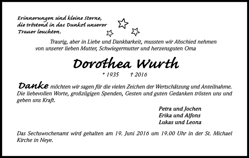  Traueranzeige für Dorothea Wurth vom 15.06.2016 aus Kölner Stadt-Anzeiger / Kölnische Rundschau / Express