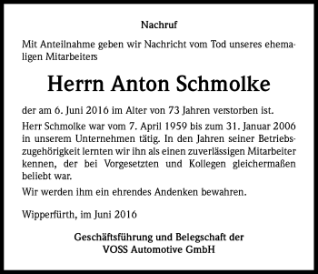 Anzeige von Anton Schmolke von Kölner Stadt-Anzeiger / Kölnische Rundschau / Express