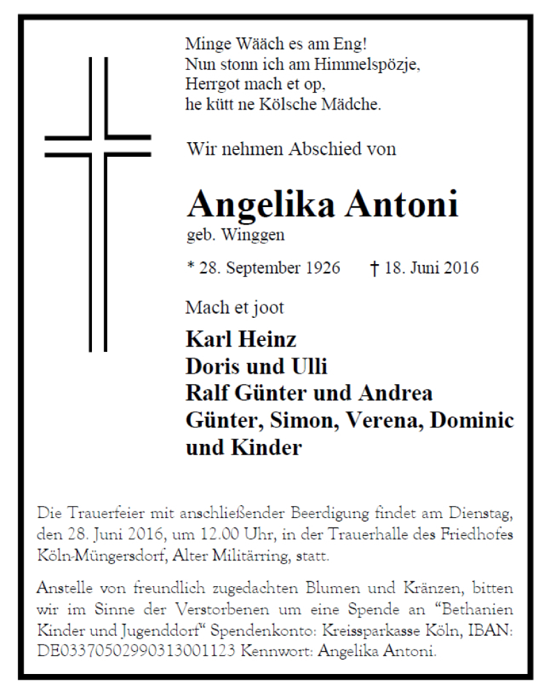  Traueranzeige für Angelika Antoni vom 23.06.2016 aus Kölner Stadt-Anzeiger / Kölnische Rundschau / Express
