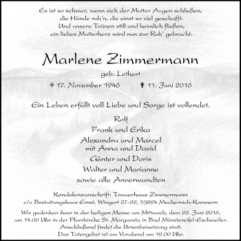Anzeige von Marlene Zimmermann von  Blickpunkt Euskirchen 