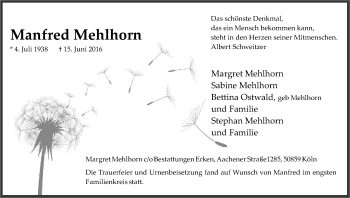 Anzeige von Manfred Mehlhorn von Kölner Stadt-Anzeiger / Kölnische Rundschau / Express