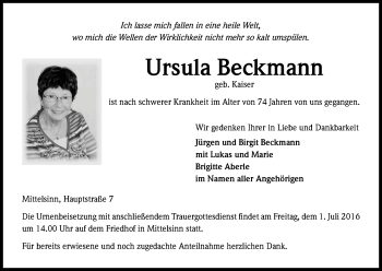 Anzeige von Ursula Beckmann von Kölner Stadt-Anzeiger / Kölnische Rundschau / Express