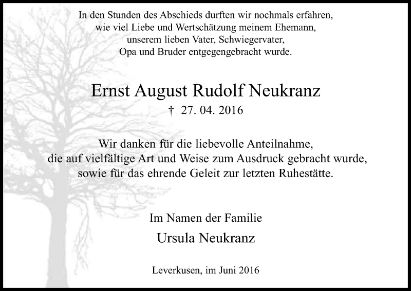  Traueranzeige für Ernst August Rudolf Neukranz vom 18.06.2016 aus Kölner Stadt-Anzeiger / Kölnische Rundschau / Express
