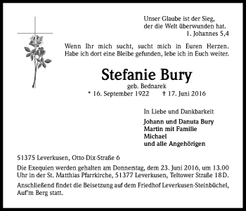 Anzeige von Stefanie Bury von Kölner Stadt-Anzeiger / Kölnische Rundschau / Express