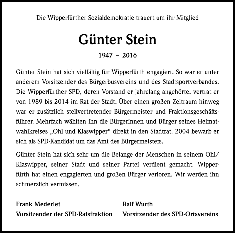  Traueranzeige für Günter Stein vom 09.06.2016 aus Kölner Stadt-Anzeiger / Kölnische Rundschau / Express