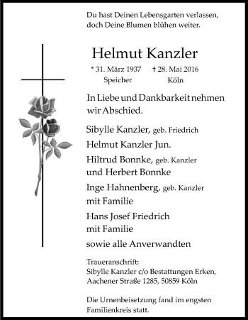 Anzeige von Helmut Kanzler von Kölner Stadt-Anzeiger / Kölnische Rundschau / Express