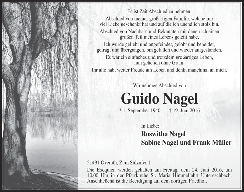  Traueranzeige für Guido Nagel vom 22.06.2016 aus  Bergisches Handelsblatt 