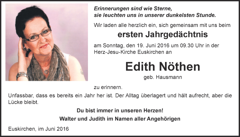  Traueranzeige für Edith Nöthen vom 11.06.2016 aus  Blickpunkt Euskirchen 
