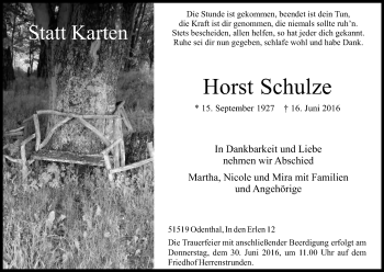 Anzeige von Horst Schulze von Kölner Stadt-Anzeiger / Kölnische Rundschau / Express