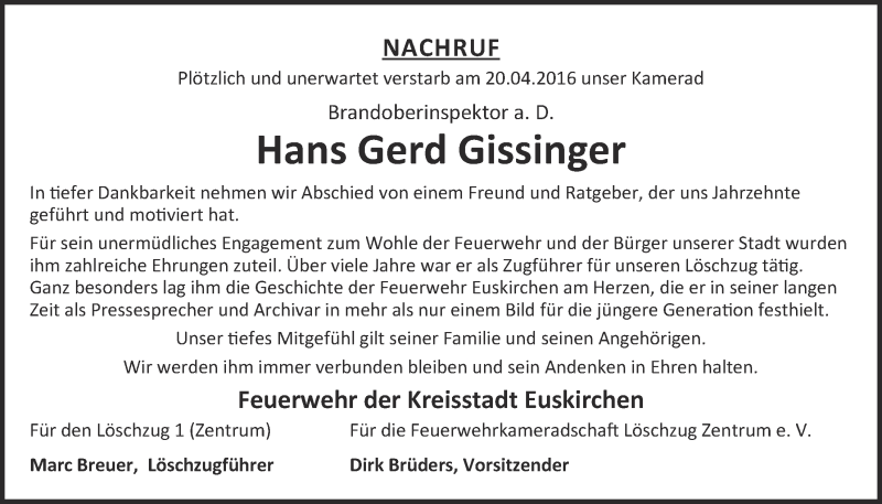  Traueranzeige für Hans Gerd Gissinger vom 04.06.2016 aus  Blickpunkt Euskirchen 
