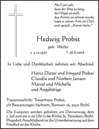 Anzeige von Hedwig Probst von  Schlossbote/Werbekurier 