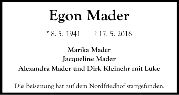 Anzeige von Egon Mader von Kölner Stadt-Anzeiger / Kölnische Rundschau / Express