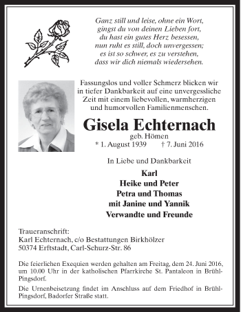 Anzeige von Gisela Echternach von  Schlossbote/Werbekurier 