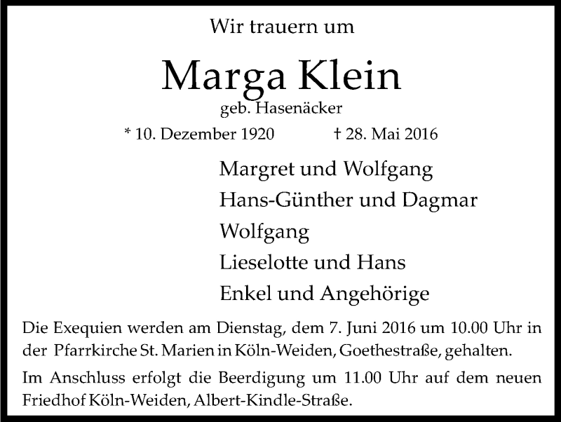  Traueranzeige für Marga Klein vom 04.06.2016 aus Kölner Stadt-Anzeiger / Kölnische Rundschau / Express
