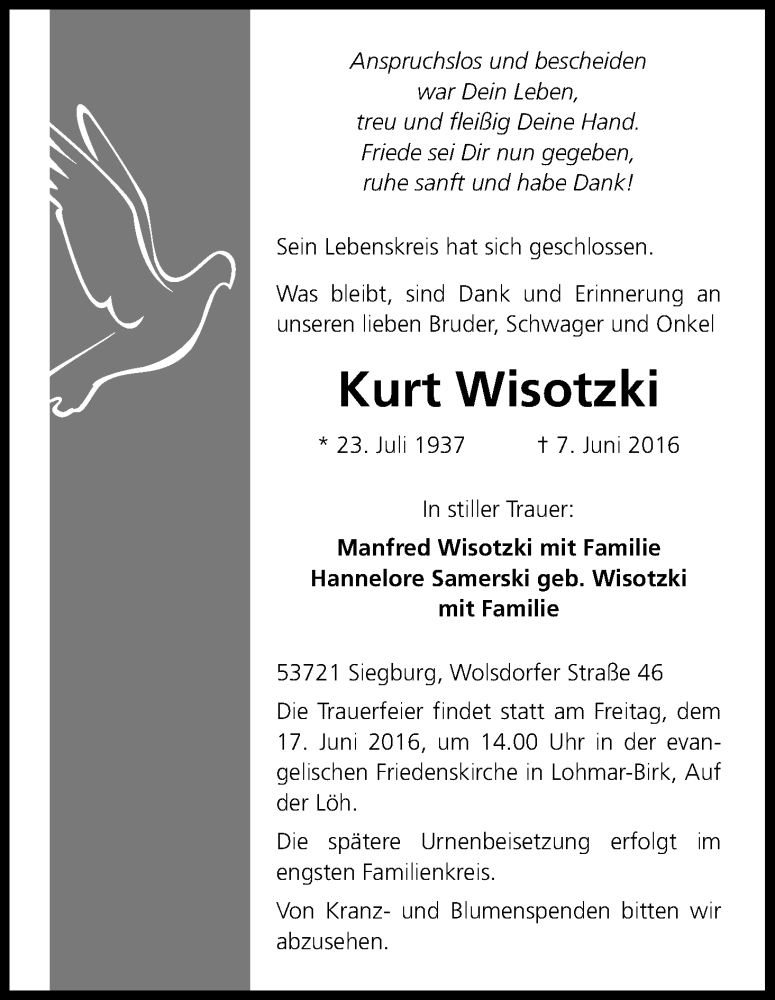  Traueranzeige für Kurt Wisotzki vom 11.06.2016 aus Kölner Stadt-Anzeiger / Kölnische Rundschau / Express