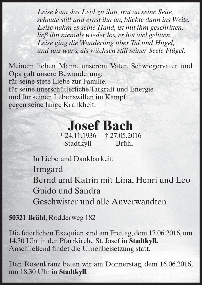  Traueranzeige für Josef Bach vom 08.06.2016 aus  Schlossbote/Werbekurier 