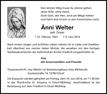 Anzeige von Änni Welter von Kölner Stadt-Anzeiger / Kölnische Rundschau / Express