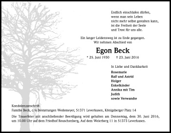 Anzeige von Egon Beck von Kölner Stadt-Anzeiger / Kölnische Rundschau / Express