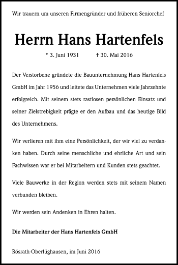Anzeige von Hans Hartenfels von Kölner Stadt-Anzeiger / Kölnische Rundschau / Express