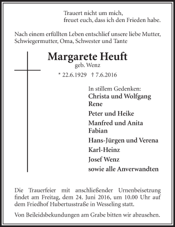Anzeige von Margarete Heuft von  Schlossbote/Werbekurier 