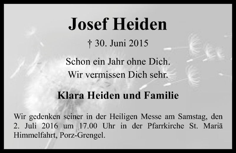  Traueranzeige für Josef Heiden vom 29.06.2016 aus  Kölner Wochenspiegel 