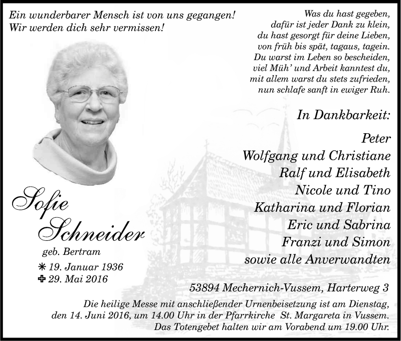  Traueranzeige für Sofie Schneider vom 04.06.2016 aus Kölner Stadt-Anzeiger / Kölnische Rundschau / Express