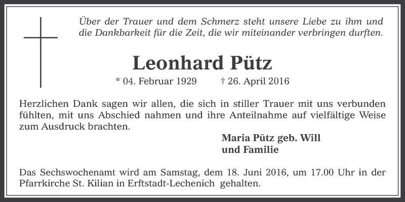  Traueranzeige für Leonhard Pütz vom 08.06.2016 aus  Werbepost 