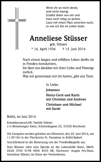 Anzeige von Anneliese Stüsser von Kölner Stadt-Anzeiger / Kölnische Rundschau / Express