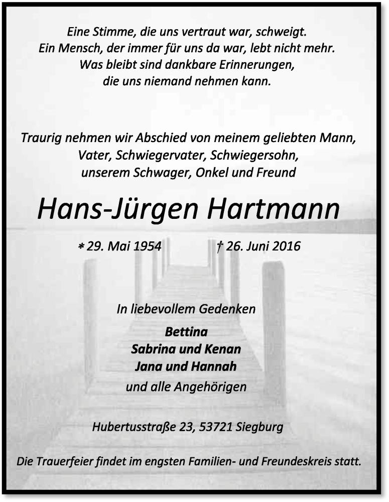  Traueranzeige für Hans-Jürgen Hartmann vom 29.06.2016 aus Kölner Stadt-Anzeiger / Kölnische Rundschau / Express